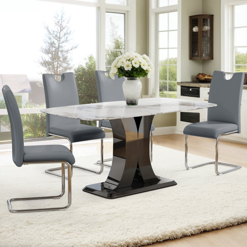 Orren Ellis Modern Dining Table Set With Convertible Base Luxury Rectangular Kitchen Table For 6 5 Piece Dining Room Set With Glass Tabletop And X Shaped Legs Dining Table 4 Chairs Wayfair